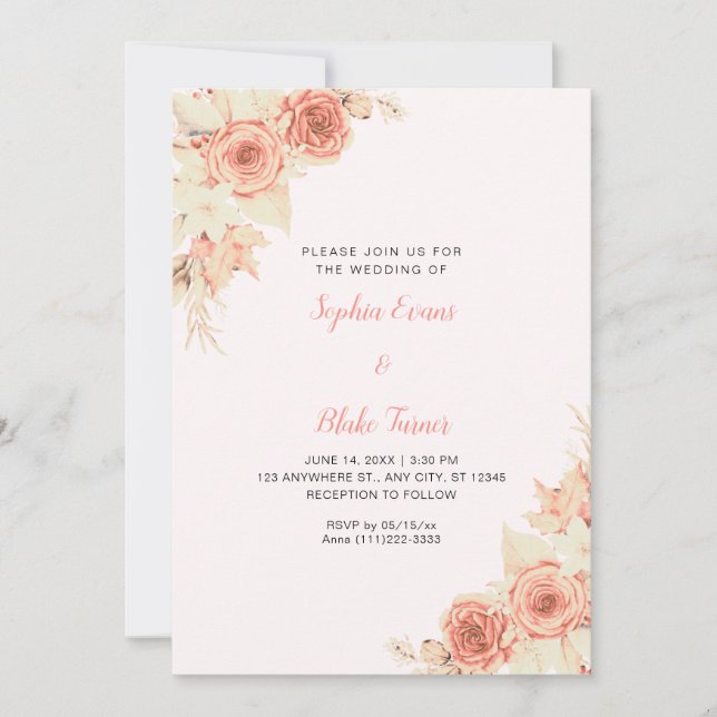 Rustik Elegant Orange Rosor Höst Rosa Bröllop Inbjudningar (Framsida)