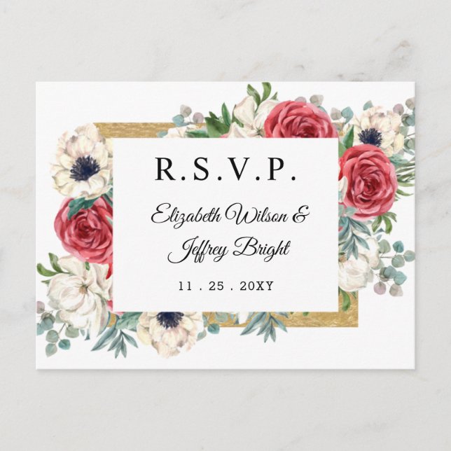 Rustik Elegant Röd och Guld Blommig Bröllops-RSVP Inbjudan Vykort (Framsida)
