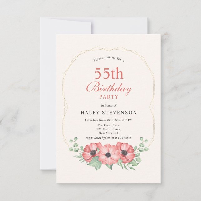 Rustik Elegant Rosa Blommig 55-årsfirande Inbjudningar (Framsida)