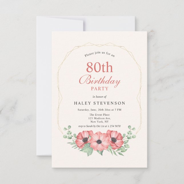 Rustik Elegant Rosabruna Blommig 80-års Födelsedag Inbjudningar (Framsida)