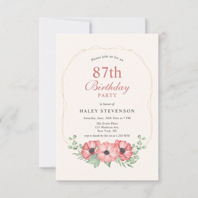 Rustik Elegant Rosabruna Blommig 87-årsdag Inbjudningar (Framsida)