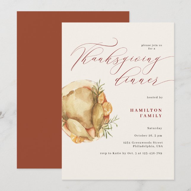 Rustik Elegant Thanksgiving Middag Kalkon Inbjudningar (Fram/baksida)