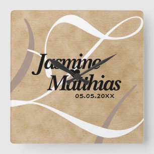 Rustik Elegant Vintage Monogram Burlap Bröllop Fyrkantig Klocka