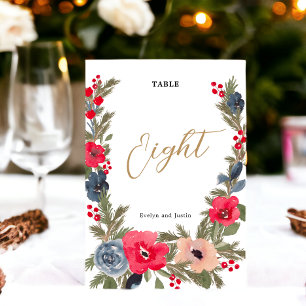 Rustik Elegant Vinter Blommigt röd grönt Bordsnummer