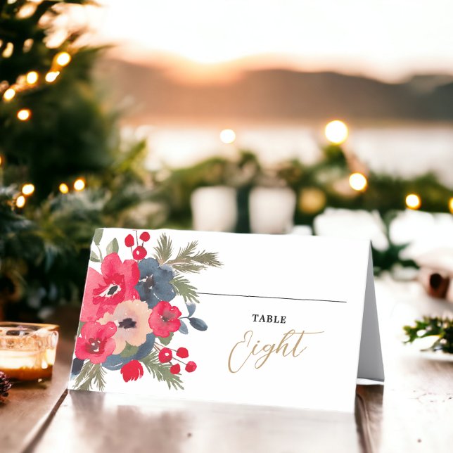 Rustik Elegant Vinter Blommigt röd grönt Placeringskort (Rustic Elegant Winter Floral red green Place Card)