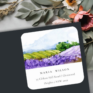 Rustik Elegant Watercolor Lavender Fält Adress Fyrkantigt Klistermärke
