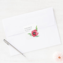 Rustik Elegant Watercolor Script Red Poppy Bröllop Fyrkantigt Klistermärke
