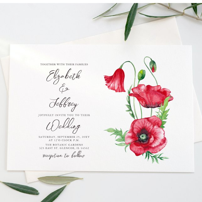 Rustik Elegant Watercolor Script Red Poppy Bröllop Inbjudningar (Skapare uppladdad)