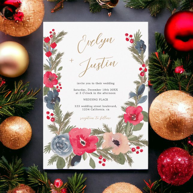 Rustik Elegant Winter Blommigt Watercolor Bröllop Inbjudningar (Rustic Elegant Winter Floral Watercolor Wedding Invitation)