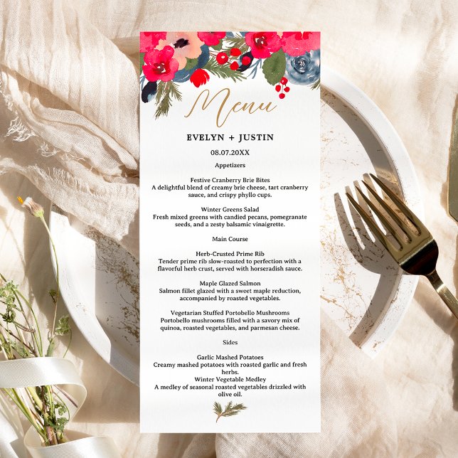 Rustik Elegant Winter Blommigt Watercolor Bröllop Meny (Rustic Elegant Winter Floral Watercolor Wedding Menu)
