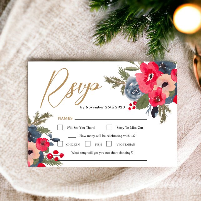 Rustik Elegant Winter Blommigt Watercolor Bröllop OSA Kort (Rustic Elegant Winter Floral Watercolor Wedding RSVP Card)