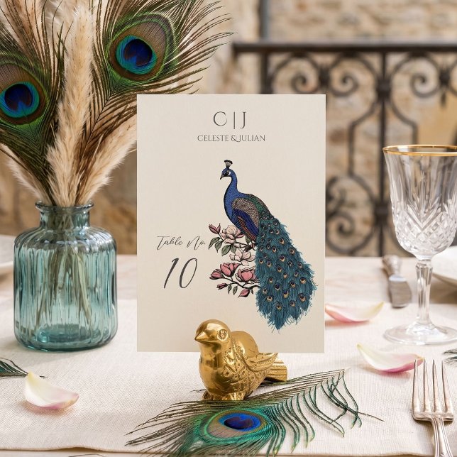 Rustik Elfenbens Påfågel Bröllops Bordnummer Bordsnummer (Hand-drawn teal peacock and magnolia flowers monogrammed Table Number Card for Peacock wedding)