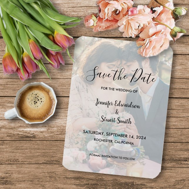 Rustik enkel elegant, foto bröllop spara datum magnet (Rustic elegant calligraphy photo wedding Save the Date, flexible magnetic card.)