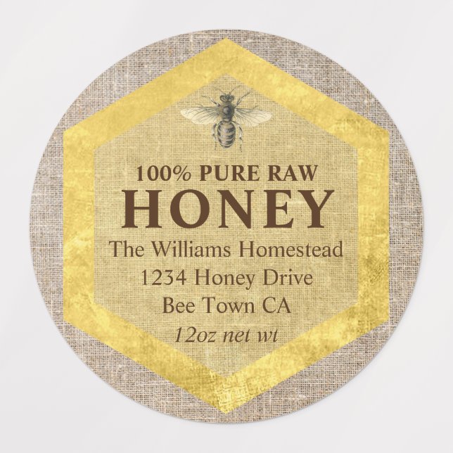Rustik etikett för honungsburk Honey Bee & Biodlin (Design 1)
