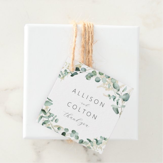 Rustik eucalyptus greenery boho bröllop gåvor etiketter (På plats)