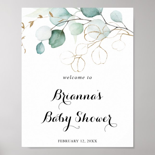 Rustik Eucalyptus Guld Blommigt Baby Shower Välkom Poster (Framsidan)