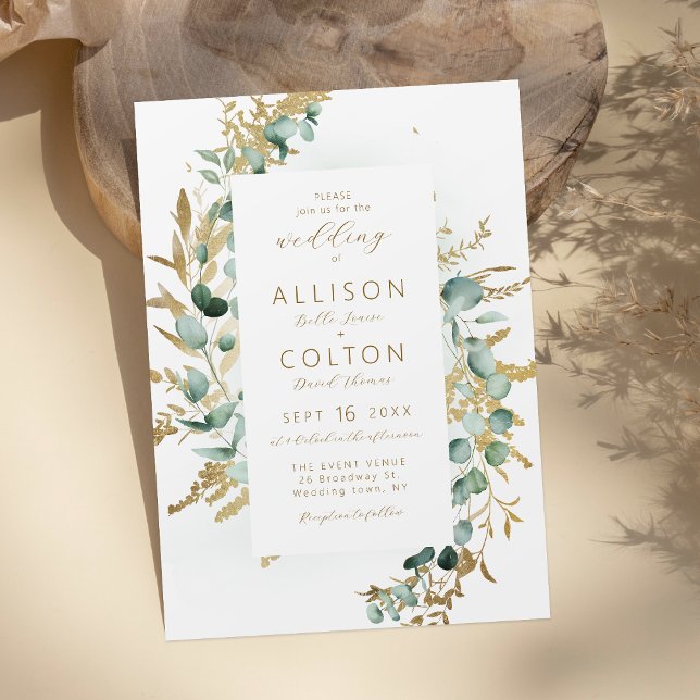 Rustik eucalyptus guld greenery boho bröllop inbjudningar (Rustic eucalyptus gold greenery boho wedding invitation)