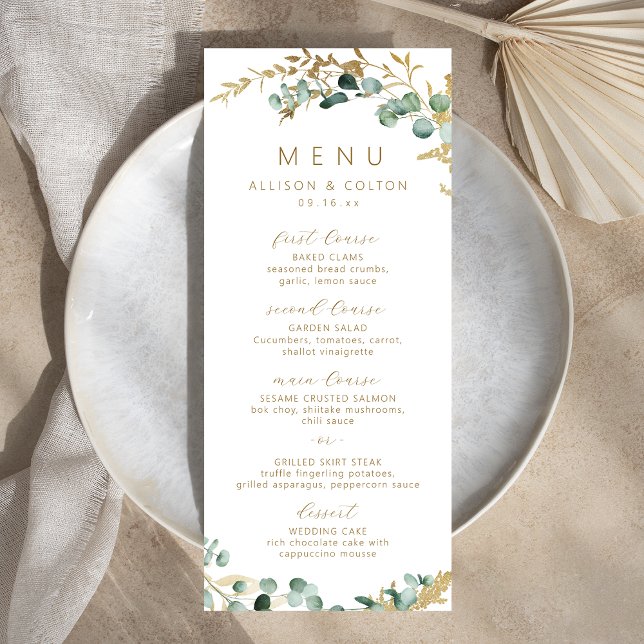 Rustik eucalyptus guld greenery boho bröllop meny (Rustic eucalyptus gold greenery boho wedding menu)