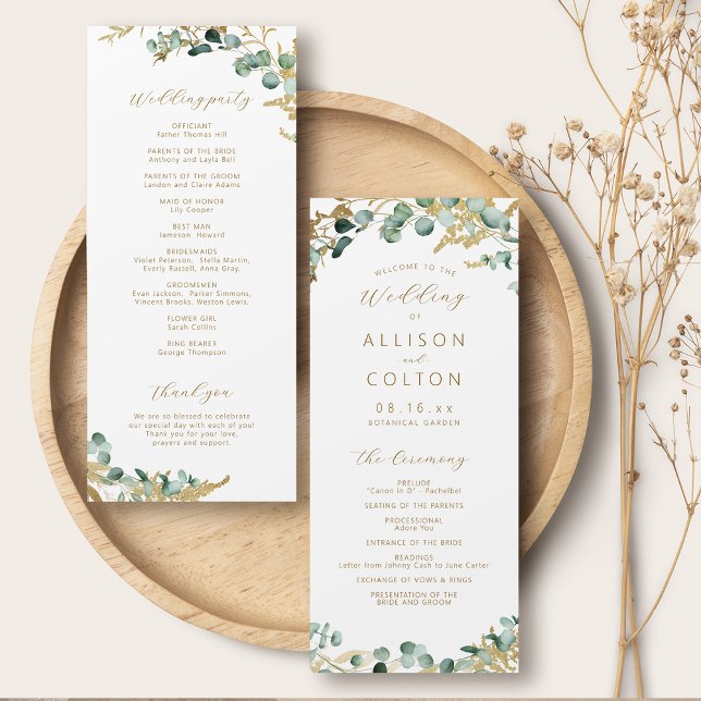 Rustik eucalyptus guld greenery boho bröllop program (Rustic eucalyptus gold greenery boho wedding program)