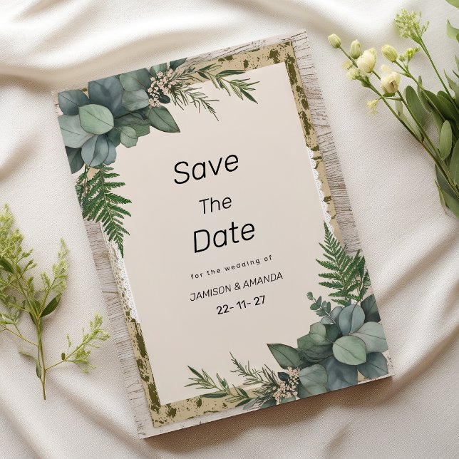 Rustik eukalyptus botaniska grey Spara datumet Inbjudningar (Rustic eucalyptus botanical greenery Save The Date )