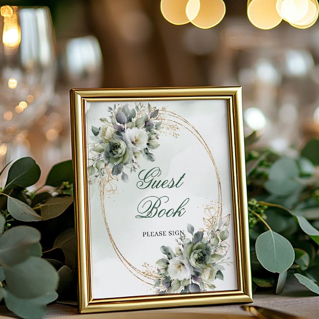 Rustik Eukalyptus Gästbok Bordsskylt 8x10 Poster (Rustic Eucalyptus Guest Book Tabletop Sign 8x10)