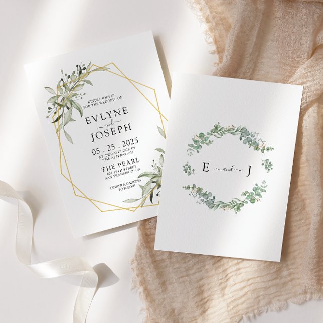 Rustik eukalyptus Geometric Guld Ram Bröllop Inbjudningar (Skapare uppladdad)