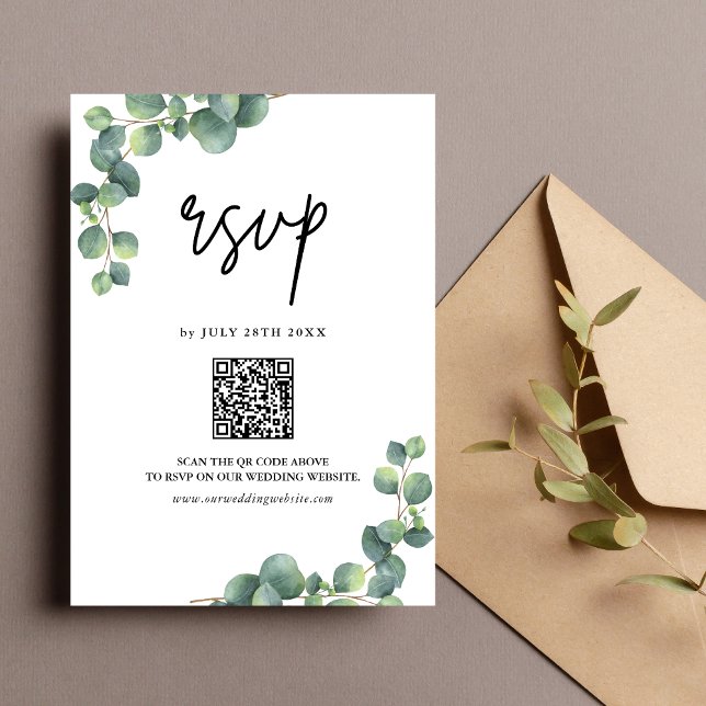 Rustik Eukalyptus Grönska Bröllops QR-kod OSA Kort (Eucalyptus greenery QR code RSVP card lets guests respond easily with rustic charm.)
