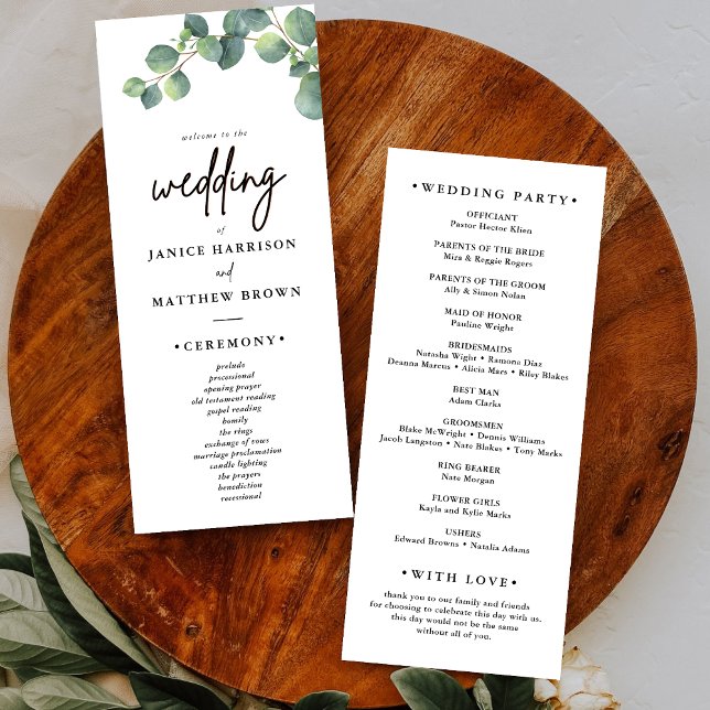 Rustik eukalyptus grönska bröllopsprogram (Eucalyptus greenery wedding program guides your ceremony with rustic charm and clear flow.)