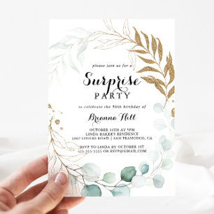 Rustik eukalyptus Guld calligraphy Surprise Party Inbjudningar