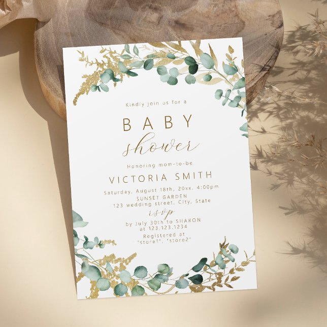 Rustik eukalyptus guld greenery boho Baby Shower Inbjudningar (Rustic eucalyptus gold greenery boho Baby Shower Invitation)