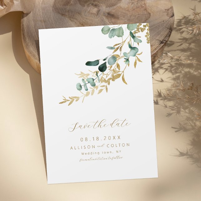 Rustik eukalyptus guld grönska boho spara datum datumet (Rustic eucalyptus gold greenery boho save the date)