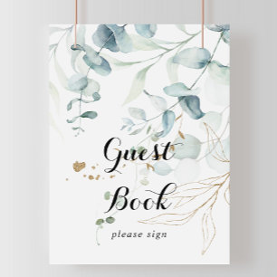 Rustik Eukalyptus Guld Kalligrafi Gästbokskylt Poster