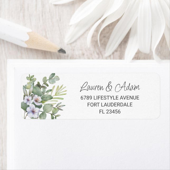 Rustik Eukalyptus & Lila Bröllopsblomma Returadress Etikett (Insitu)