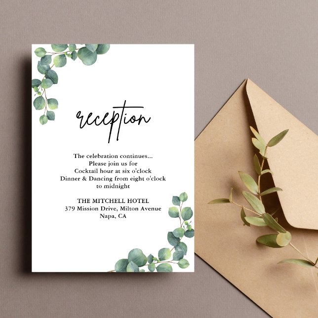 Rustik eukalyptusgrönska bröllopsmottagning tilläggskort (Rustic eucalyptus greenery reception enclosure card shares details with natural charm.)