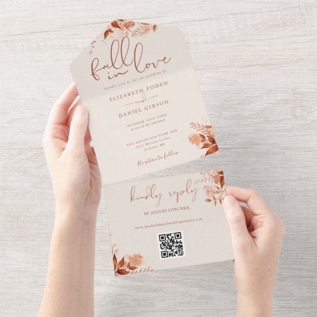 Rustik Fall In Love Blommig QR-kod Bröllop (Tearaway)