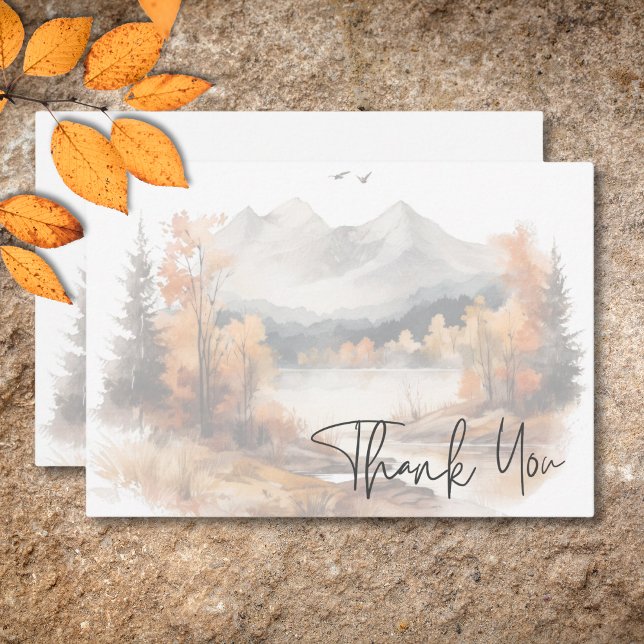 Rustik Fall Mountain Scene Watercolor Bröllop Tack Kort (Rustic Fall Mountain Scene Watercolor Wedding Thank You Card)