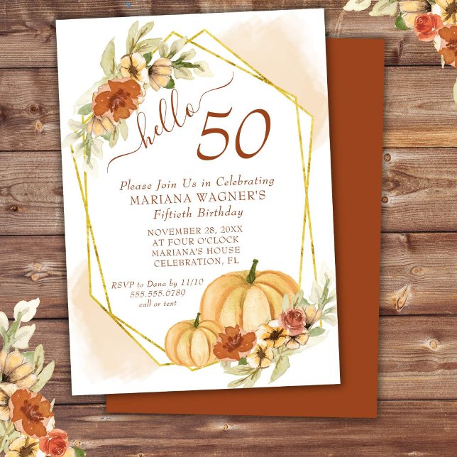 Rustik Fall Pumpkin 50-årsfödelsedags Watercolor Inbjudningar (Skapare uppladdad)