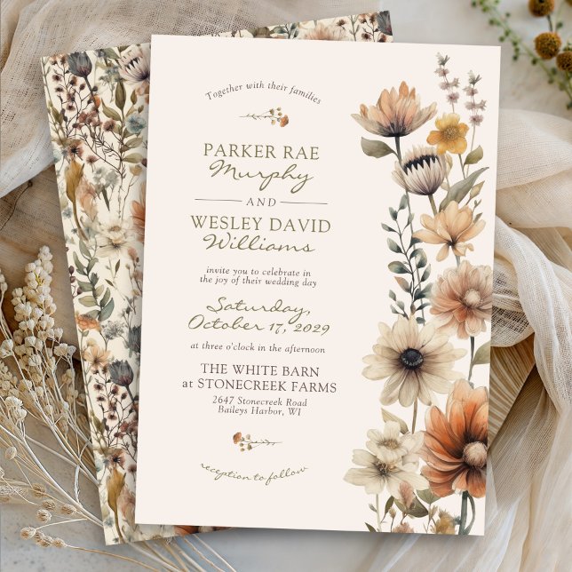 Rustik Fallblomma i akvarell på elfenbensvit bakgr Inbjudningar (Elegant rustic watercolor Fall floral ivory terracotta sage green flowers Autumn wedding invitation)