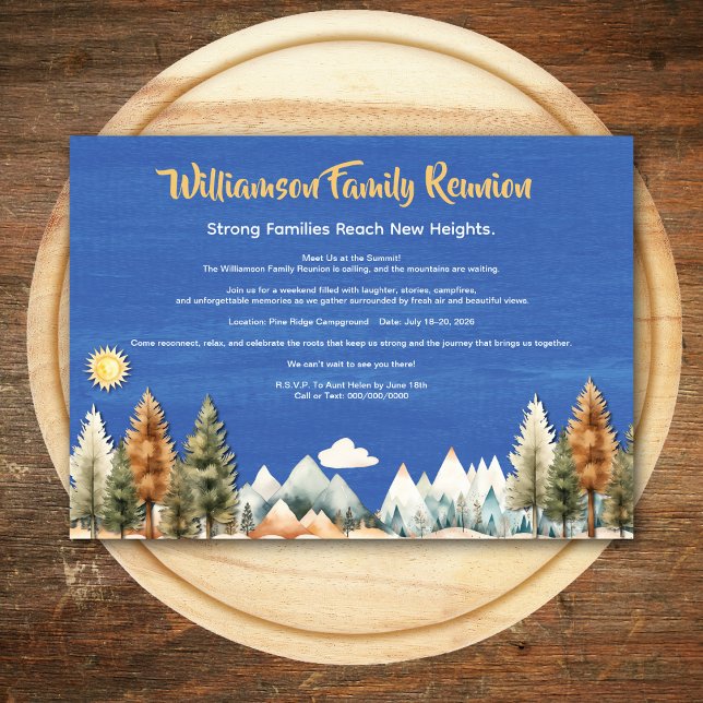 Rustik Familjeåterträff i Naturen Inbjudningar (Family reunion outdoor retreat invitation for your next gathering. Beautiful mountain scene. )