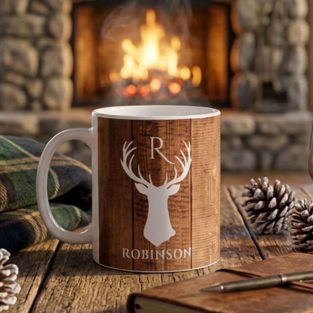 Rustik familjemonogram Trä stil hjorthorn Kaffemugg (Skapare uppladdad)