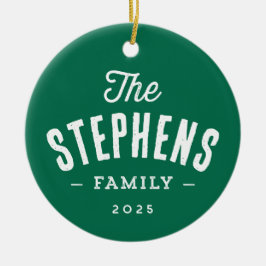 Rustik-familjens namn-foto med enkel grönt, jul julgransprydnad keramik