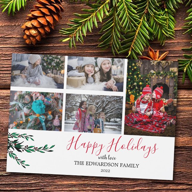 Rustik familjereservat Glad helg-magnetiskt kort (Happy holidays, personalized family photo collage magnetic Christmas card.)