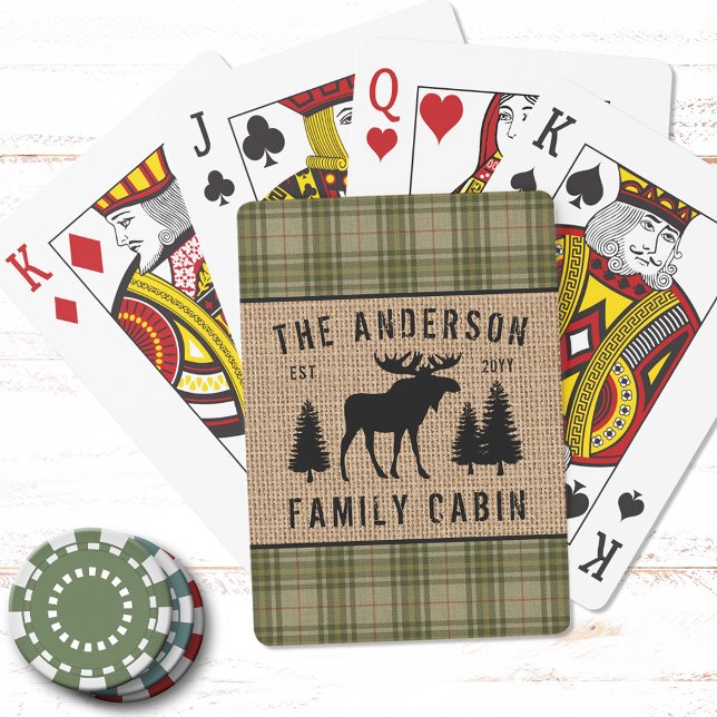 Rustik Family Cabin Moose Gräs Grönt Play Burlap Casinokort (Personalize with your Family Cabin, Cottage, Ranch or any desired text)