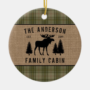 Rustik Family Cabin Moose Gräs Grönt Play Burlap Julgransprydnad Keramik