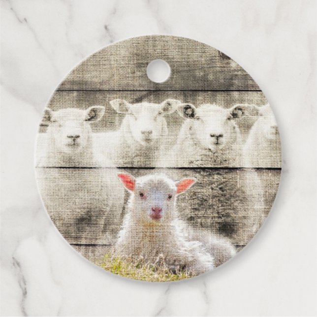 Rustik får Baby Lamb Burlap Gåvor Etiketter (Framsida)