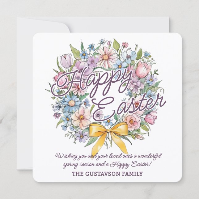 Rustik färgrik blomsterkrans med gul slinga julkort (Framsida)