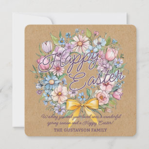 Rustik färgrik blomsterkrans med gul slinga julkort