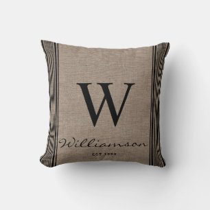 Rustik Farmhouse Ticking Rand Burlap Monogram Kudde