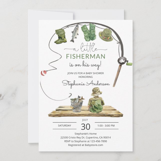 Rustik fiskedräkt till baby shower inbjudningar (Framsida)