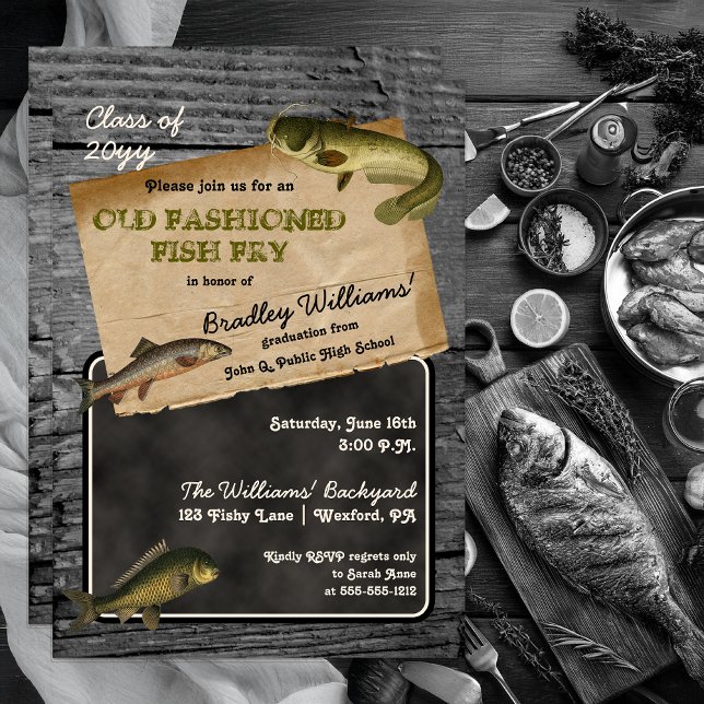 Rustik fiskstuvning examensfest bakgårdsfest inbjudningar (Rustic Fish Fry Graduation Backyard Cookout Party Invitation -- Print | Digital Download)